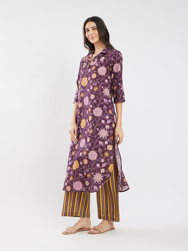 Cotton Floral A-Line Kurta Set - Purple