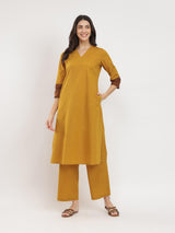 Cotton Handwoven Colourblock Kurta Set - Yellow & Brown