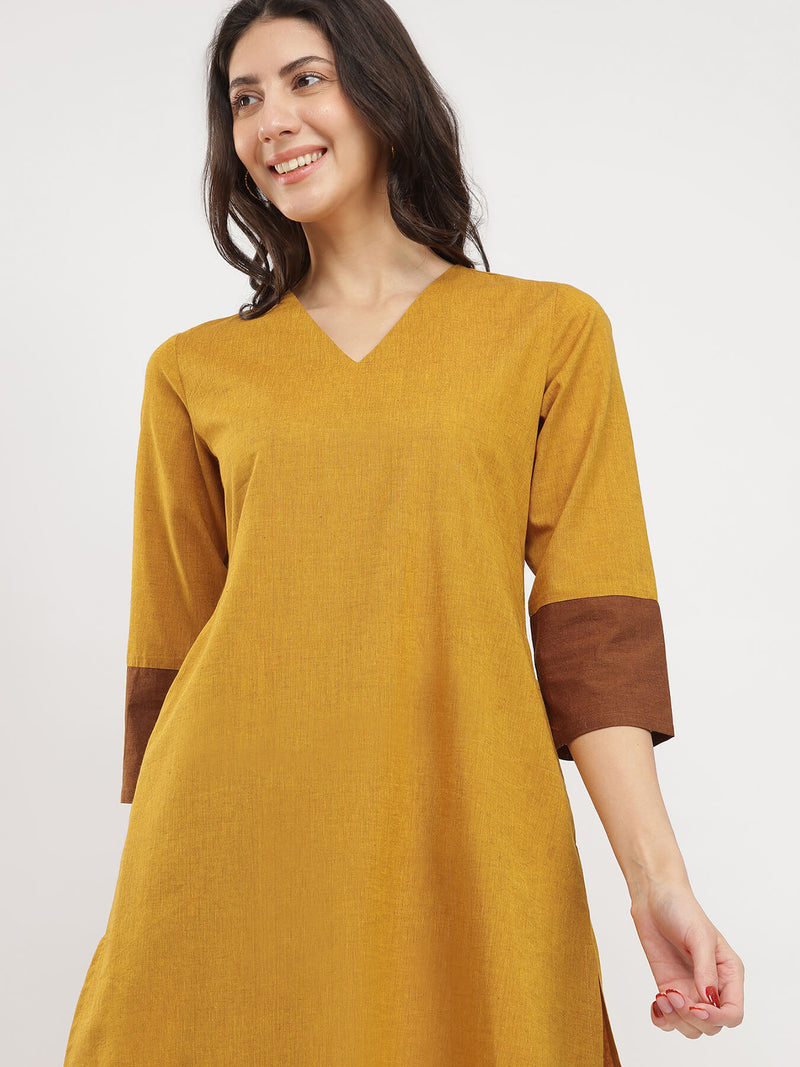 Cotton Handwoven Colourblock Kurta Set - Yellow & Brown