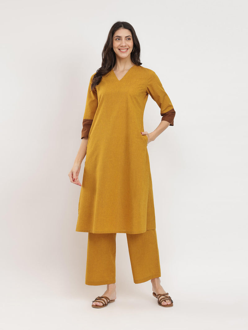 Cotton Handwoven Colourblock Kurta Set - Yellow & Brown