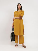 Cotton Handwoven Colourblock Kurta Set - Yellow & Brown