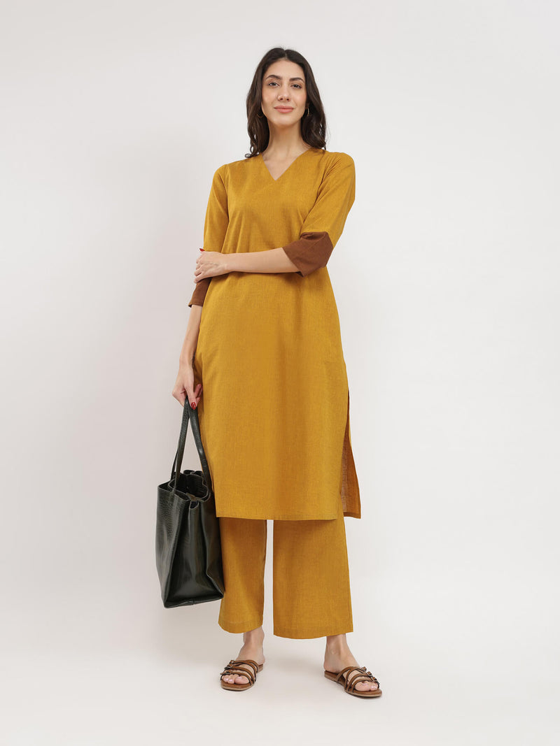 Cotton Handwoven Colourblock Kurta Set - Yellow & Brown