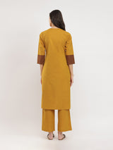 Cotton Handwoven Colourblock Kurta Set - Yellow & Brown