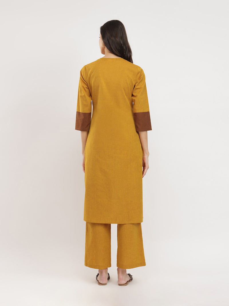 Cotton Handwoven Colourblock Kurta Set - Yellow & Brown