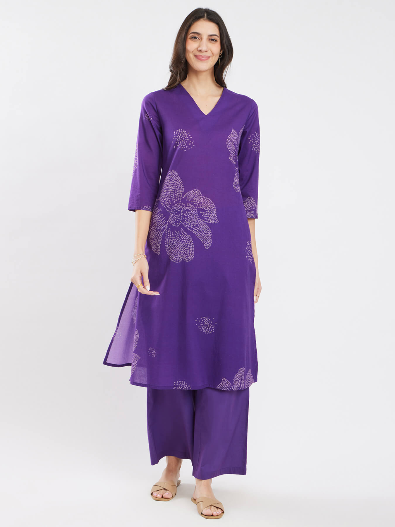Cotton Bandhani Floral Kurta Set - Purple