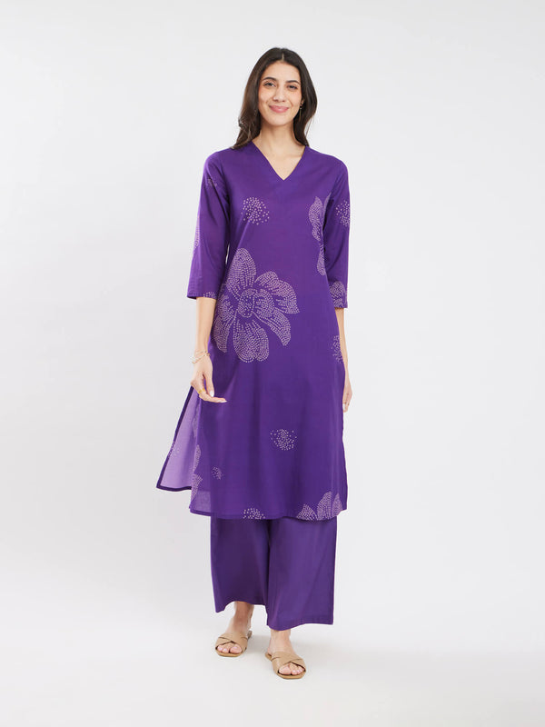 Cotton Bandhani Floral Kurta Set - Purple