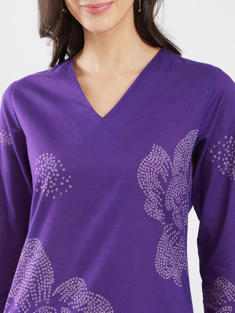 Cotton Bandhani Floral Kurta Set - Purple