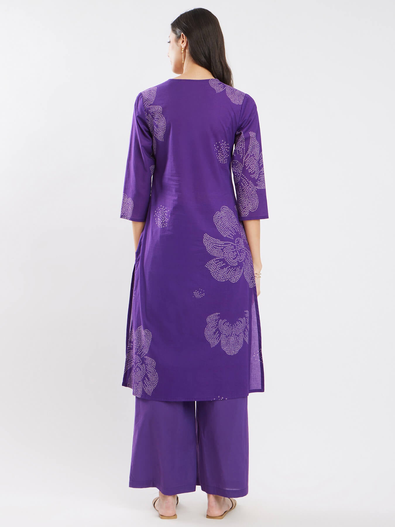 Cotton Bandhani Floral Kurta Set - Purple