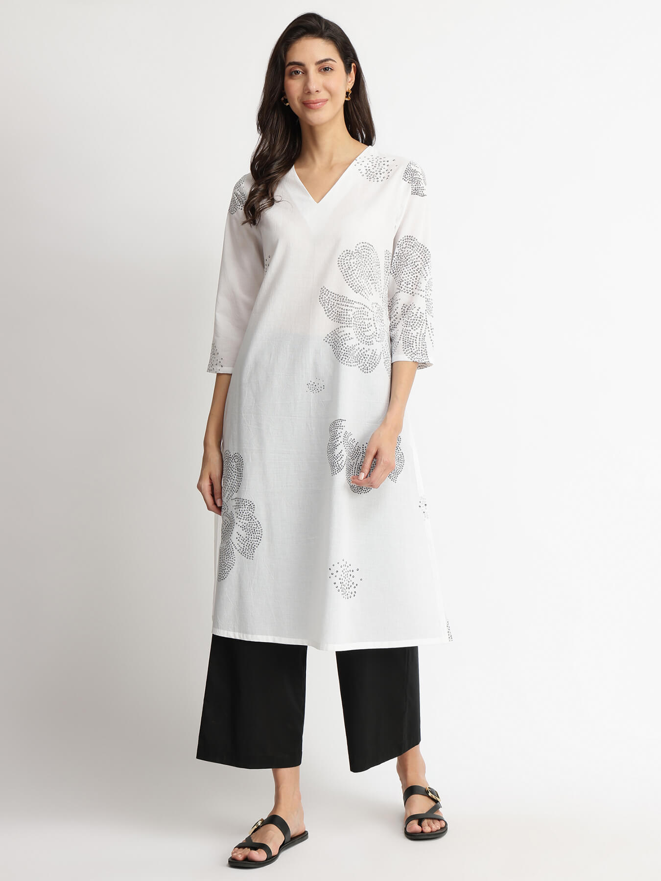 Cotton Bandhani Floral Kurta Set - White & Black