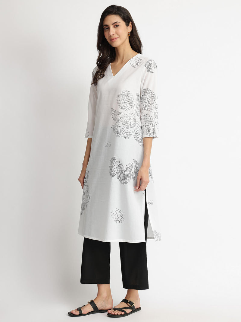 Cotton Bandhani Floral Kurta Set - White & Black
