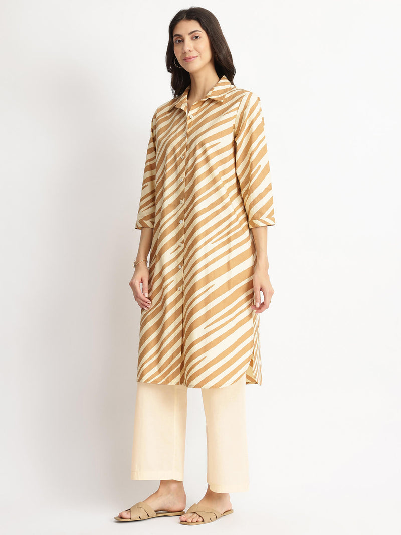 Cotton Striped Shirt Kurta Set - Beige & Off-White