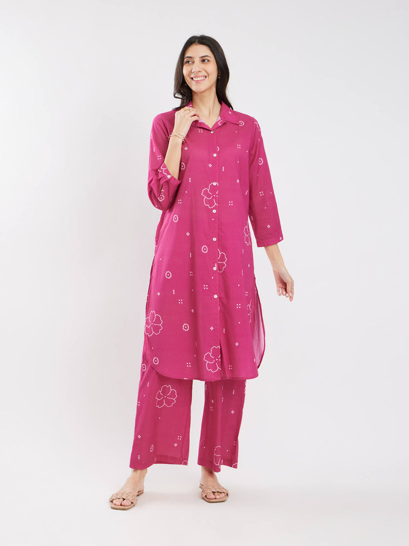 Cotton Bandhani Floral Shirt Kurta Set - Pink