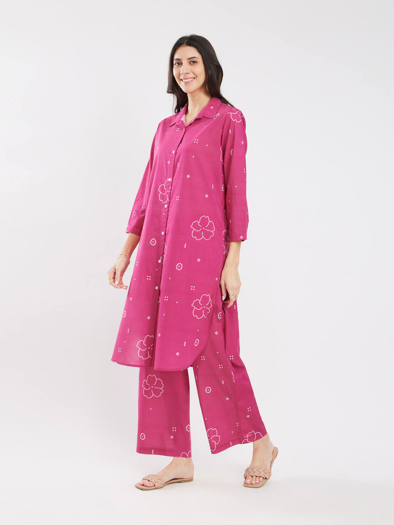 Cotton Bandhani Floral Shirt Kurta Set - Pink