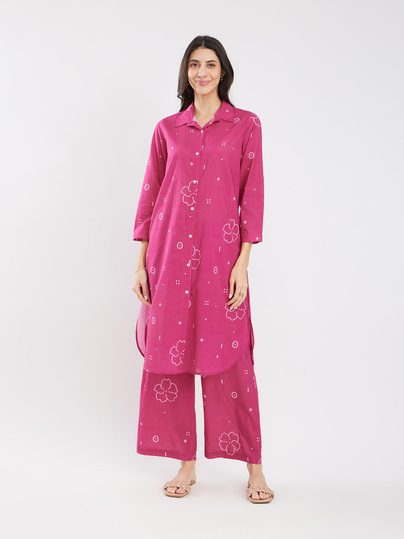 Cotton Bandhani Floral Shirt Kurta Set - Pink