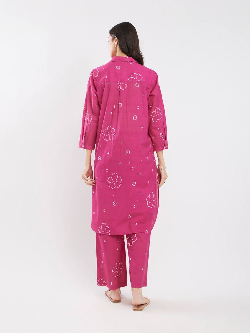 Cotton Bandhani Floral Shirt Kurta Set - Pink