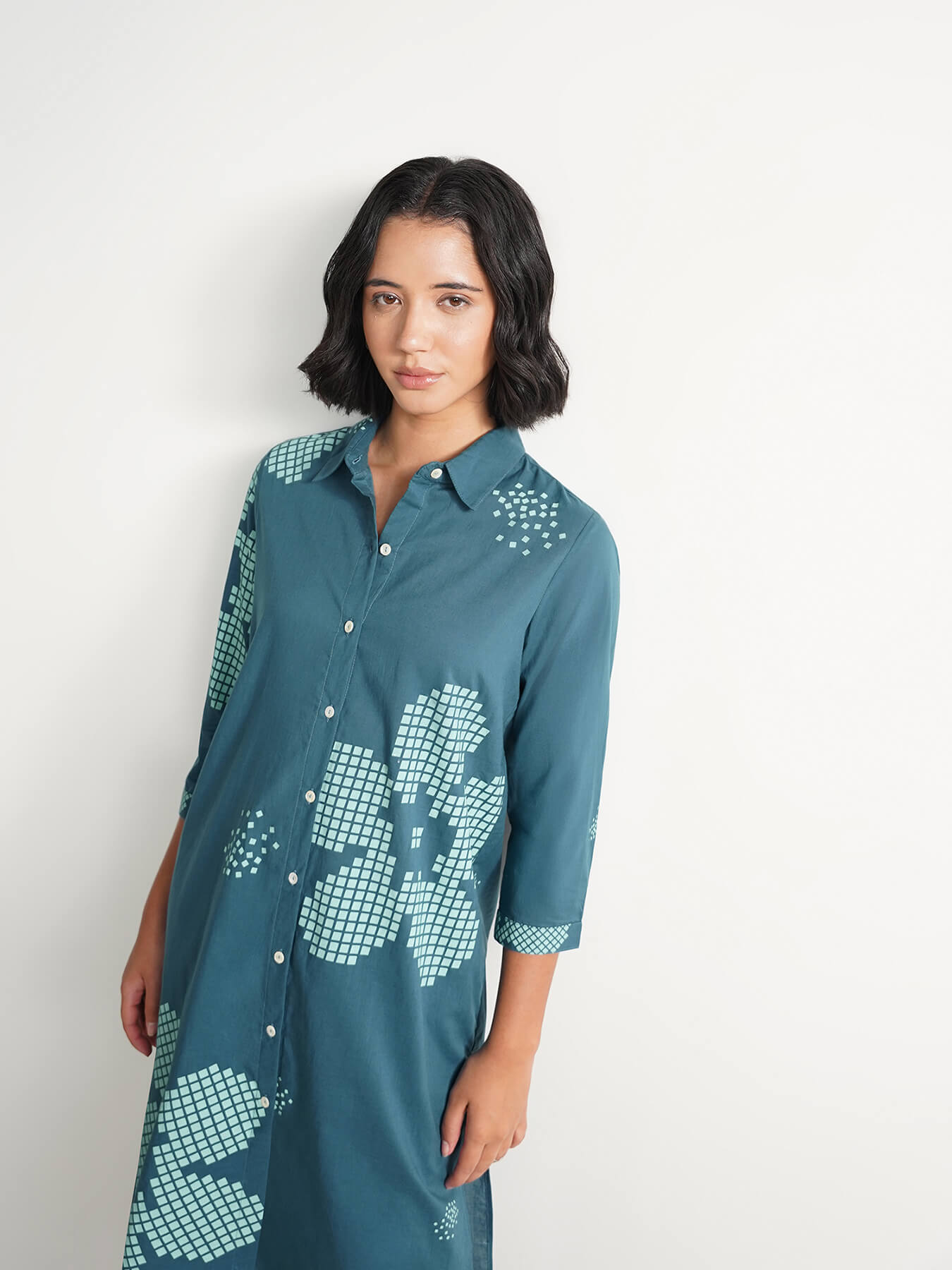 Cotton Floral Shirt Kurta Set - Teal