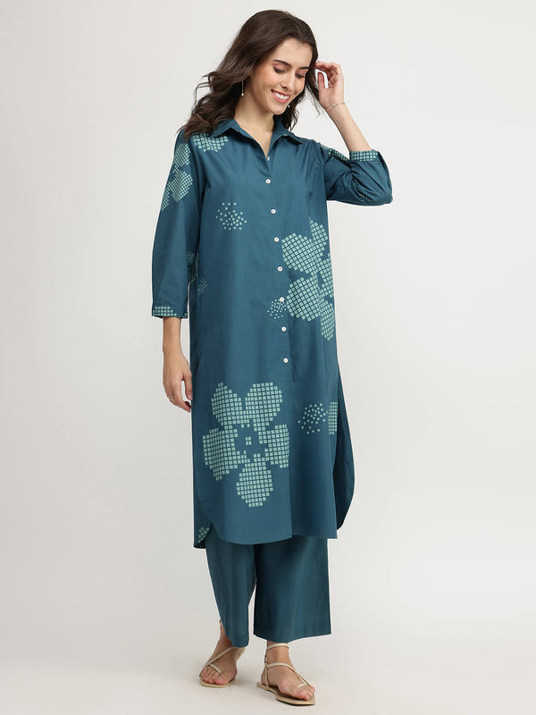Cotton Floral Shirt Kurta Set - Teal