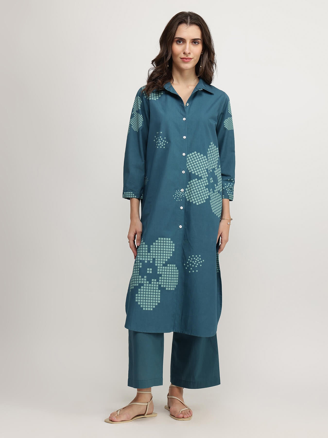 Cotton Floral Shirt Kurta Set - Teal