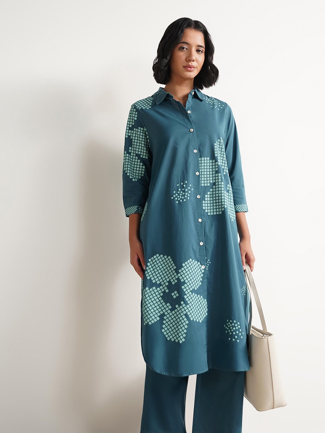 Cotton Floral Shirt Kurta Set - Teal