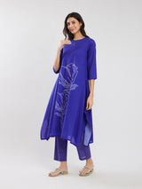 Cotton Bandhani Asymmetric Floral Kurta Set - Blue