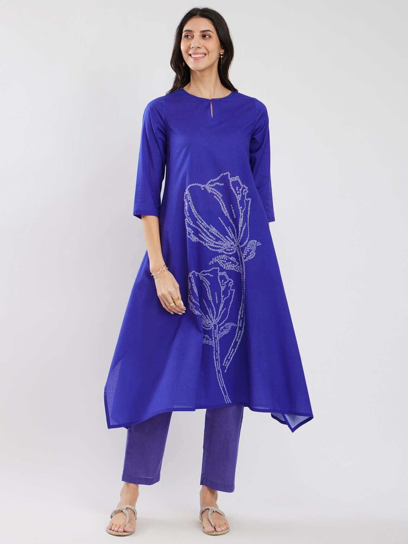 Cotton Bandhani Asymmetric Floral Kurta Set - Blue