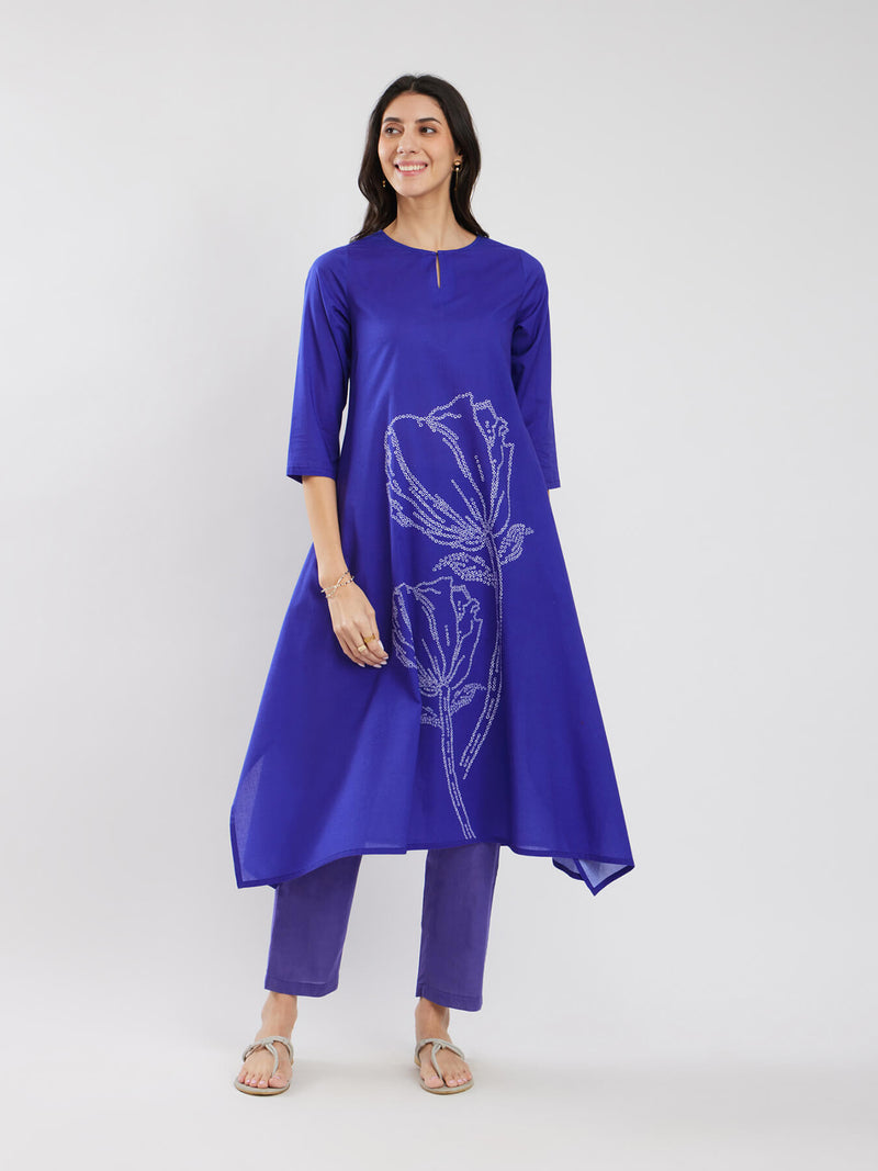 Cotton Bandhani Asymmetric Floral Kurta Set - Blue