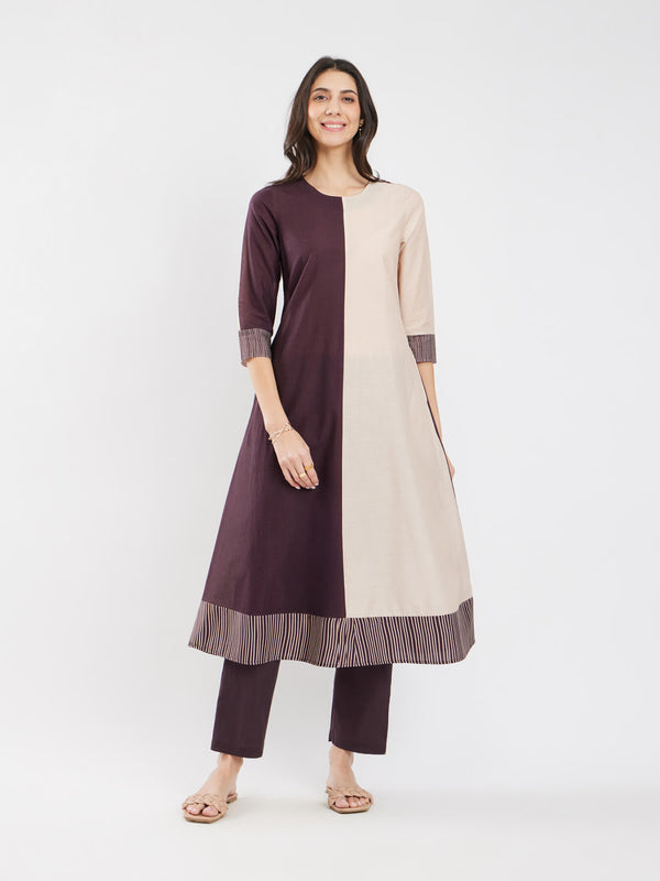 Cotton Colourblock & Striped Kurta Set - Brown & Beige