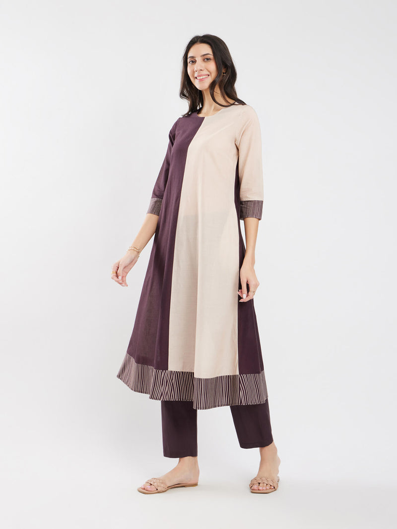 Cotton Colourblock & Striped Kurta Set - Brown & Beige