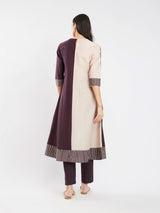 Cotton Colourblock & Striped Kurta Set - Brown & Beige