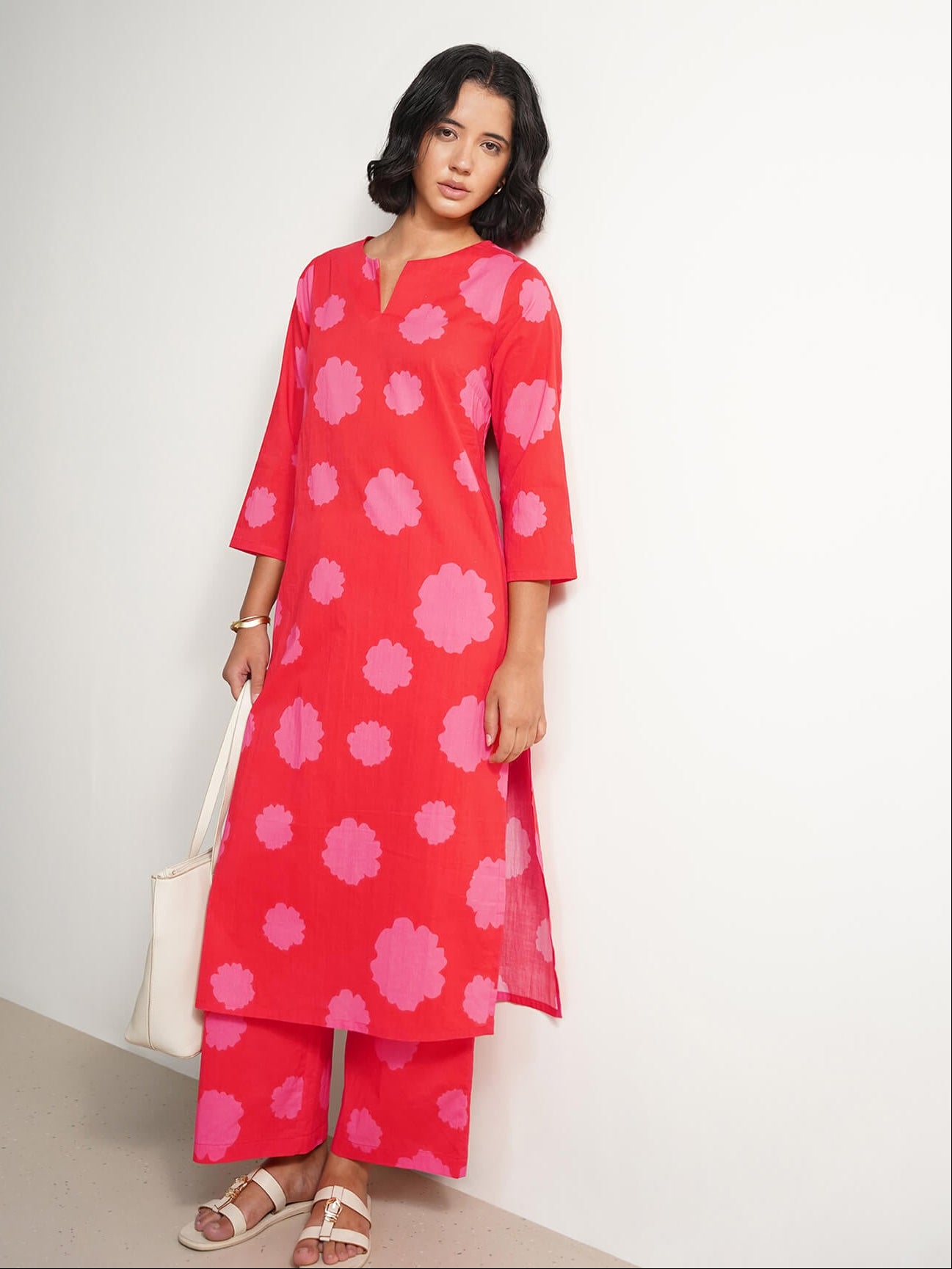 Cotton Floral Kurta Set - Red & Pink