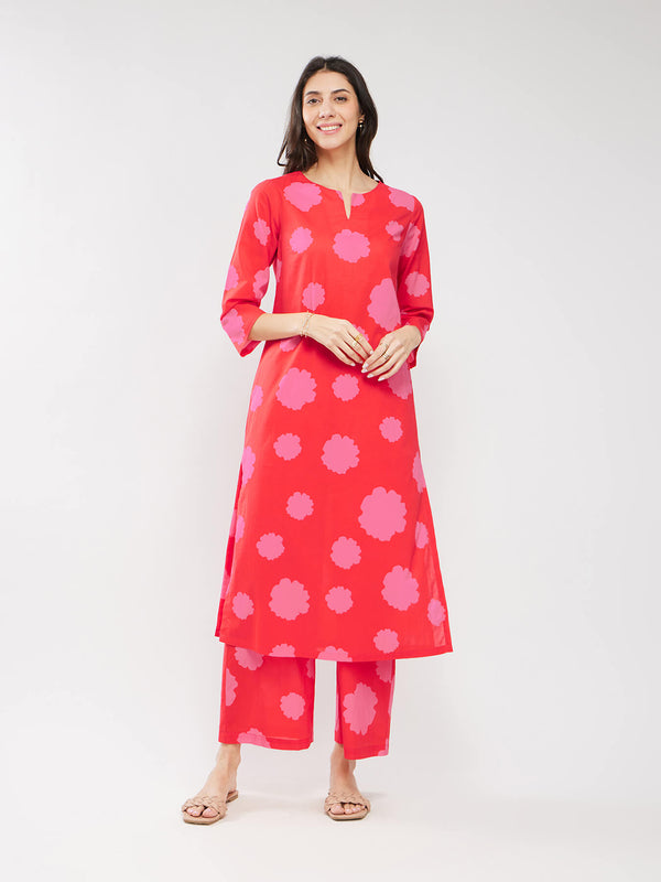 Cotton Floral Kurta Set - Pink