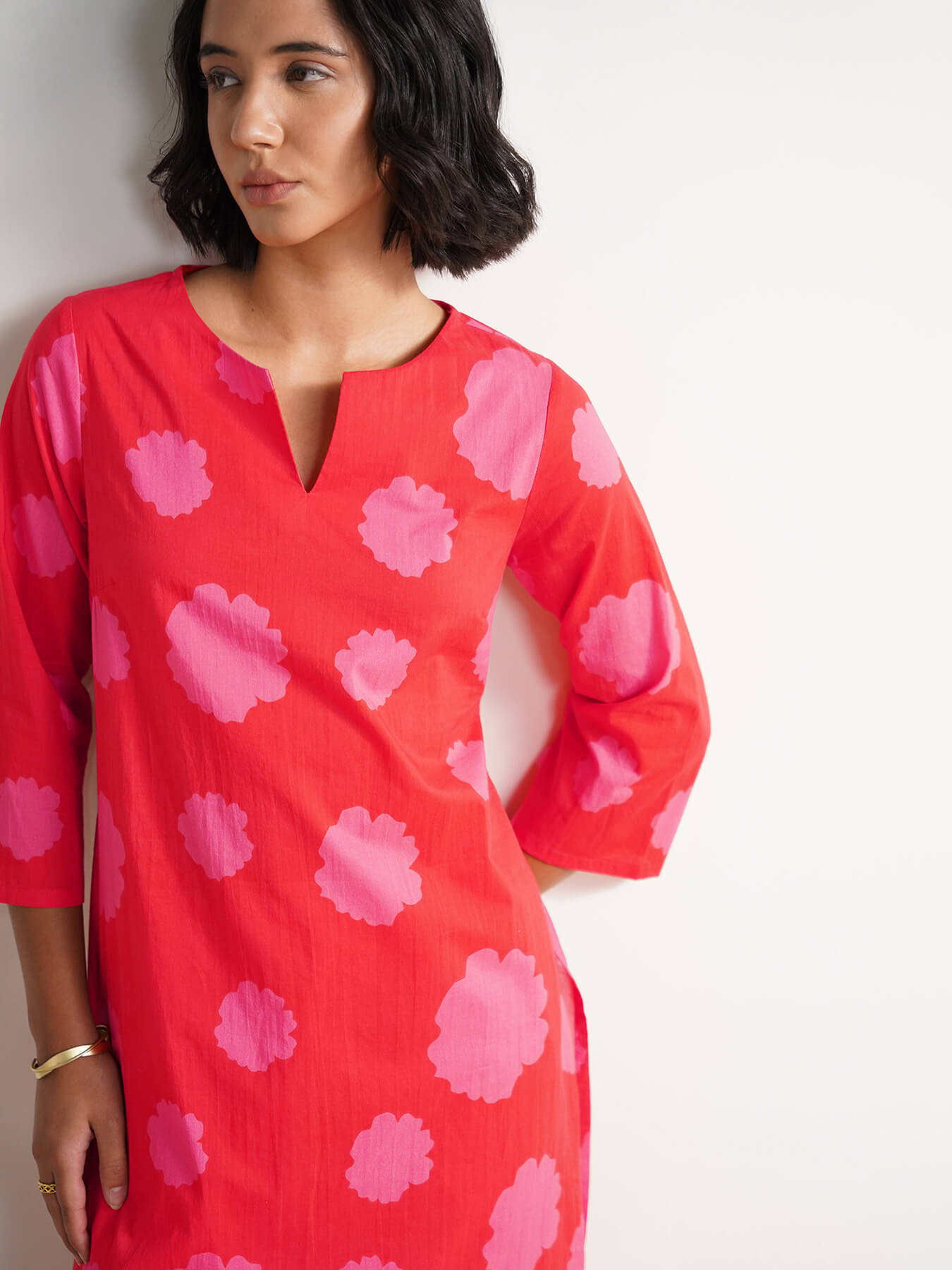 Cotton Floral Kurta Set - Red & Pink
