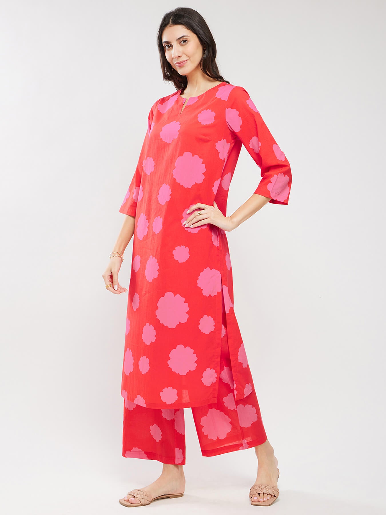 Cotton Floral Kurta Set - Red & Pink