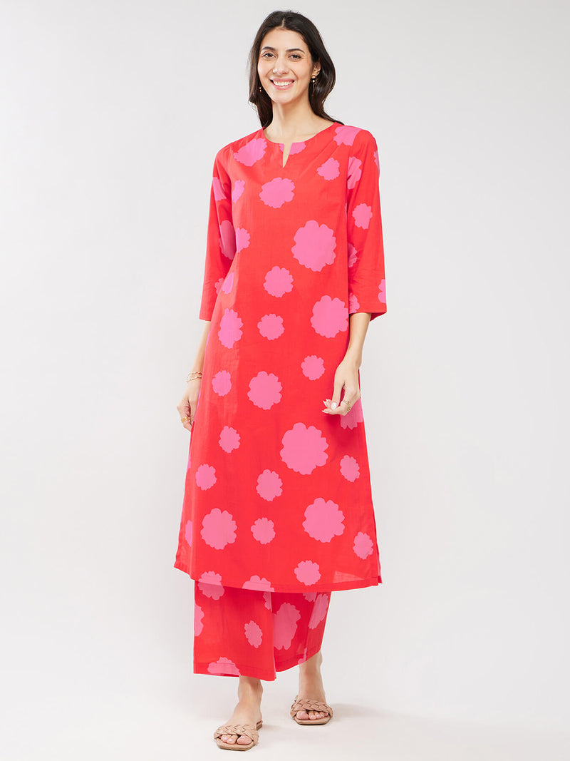 Cotton Floral Kurta Set - Red & Pink