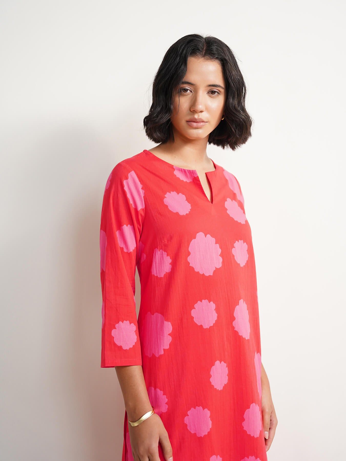 Cotton Floral Kurta Set - Red & Pink