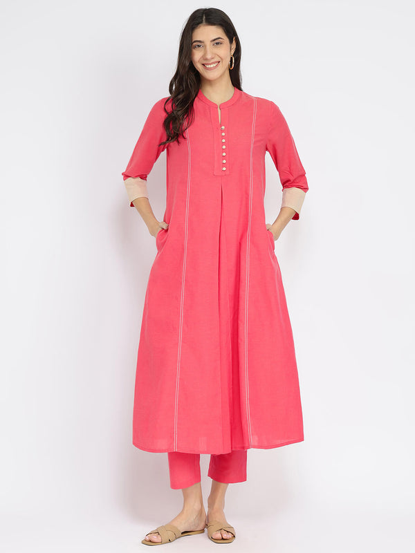 Cotton Handwoven A-Line Kurta Set - Pink