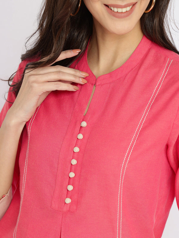 Cotton Handwoven A-Line Kurta Set - Pink