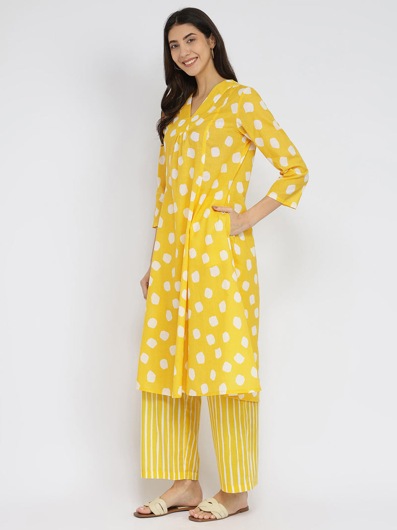Cotton Polka Flared Kurta Set - Yellow