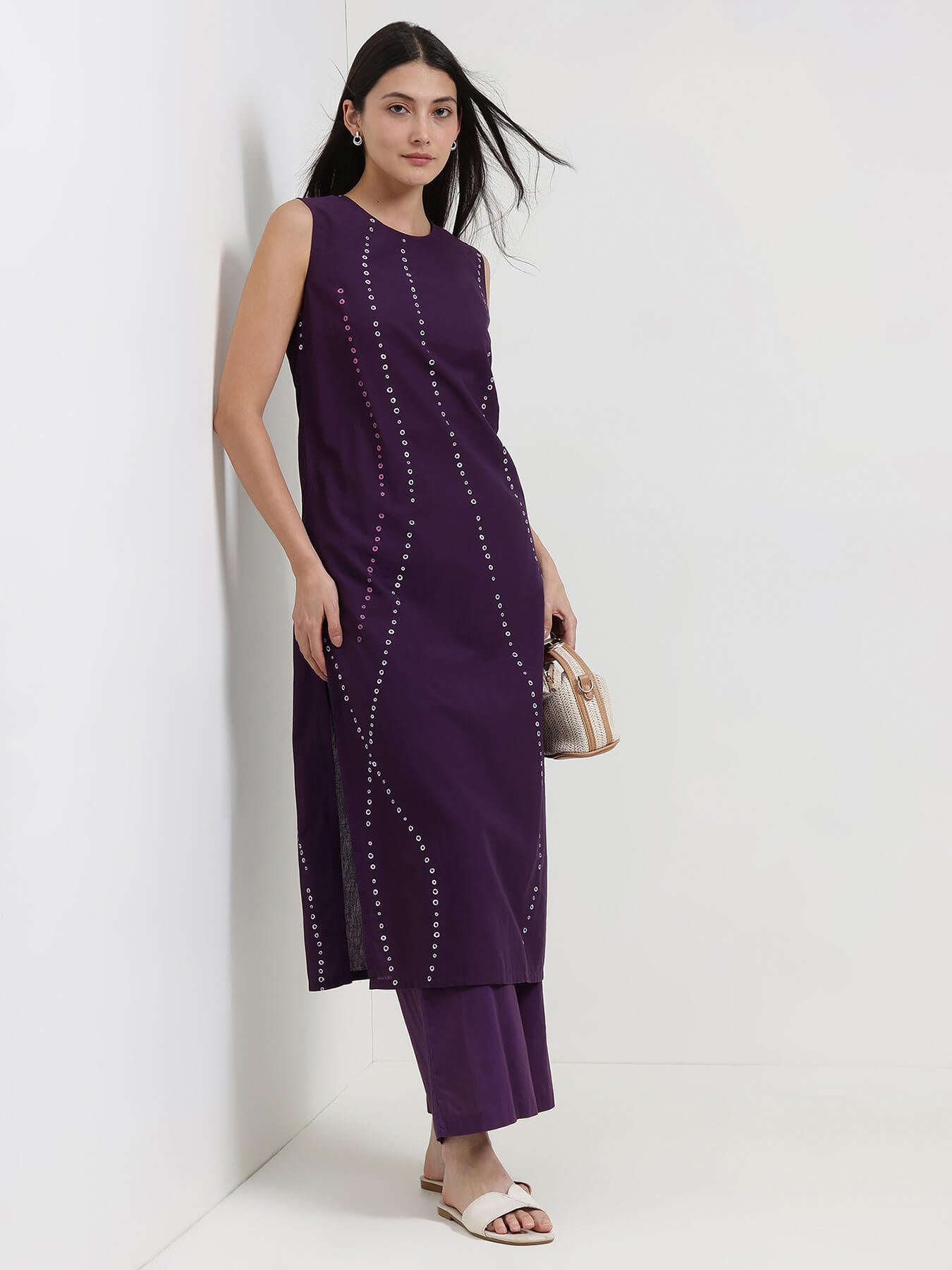 Cotton Bandhani Sleeveless Kurta Set - Purple