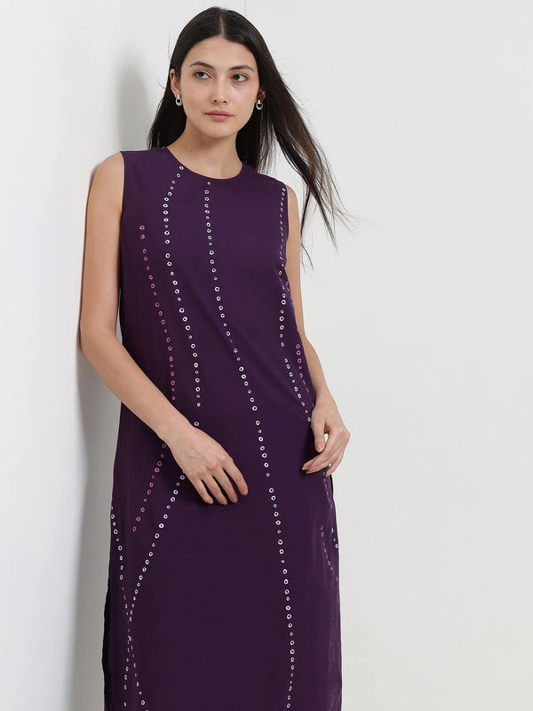 Cotton Bandhani Sleeveless Kurta Set - Purple
