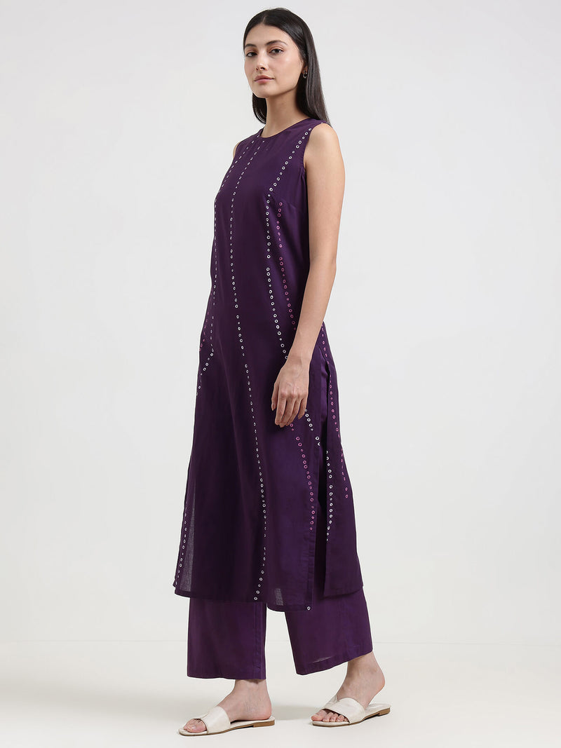 Cotton Bandhani Sleeveless Kurta Set - Purple