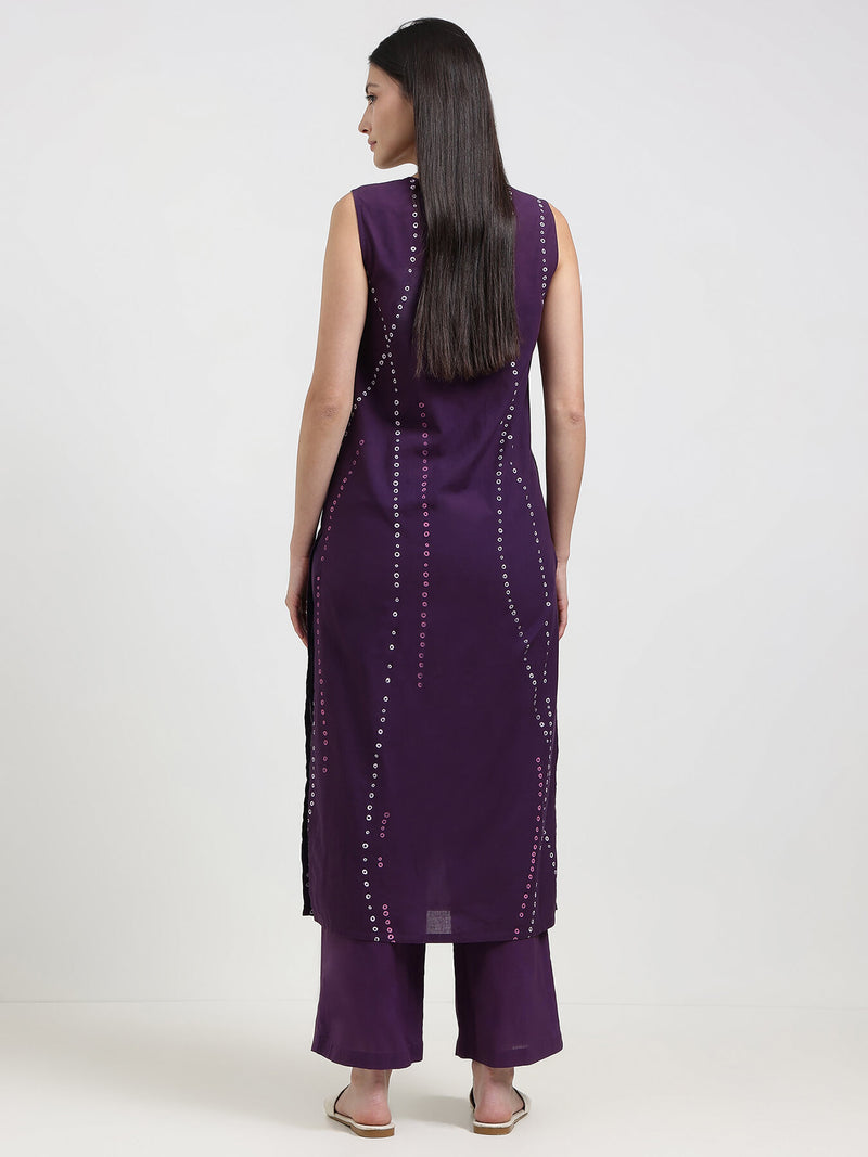 Cotton Bandhani Sleeveless Kurta Set - Purple