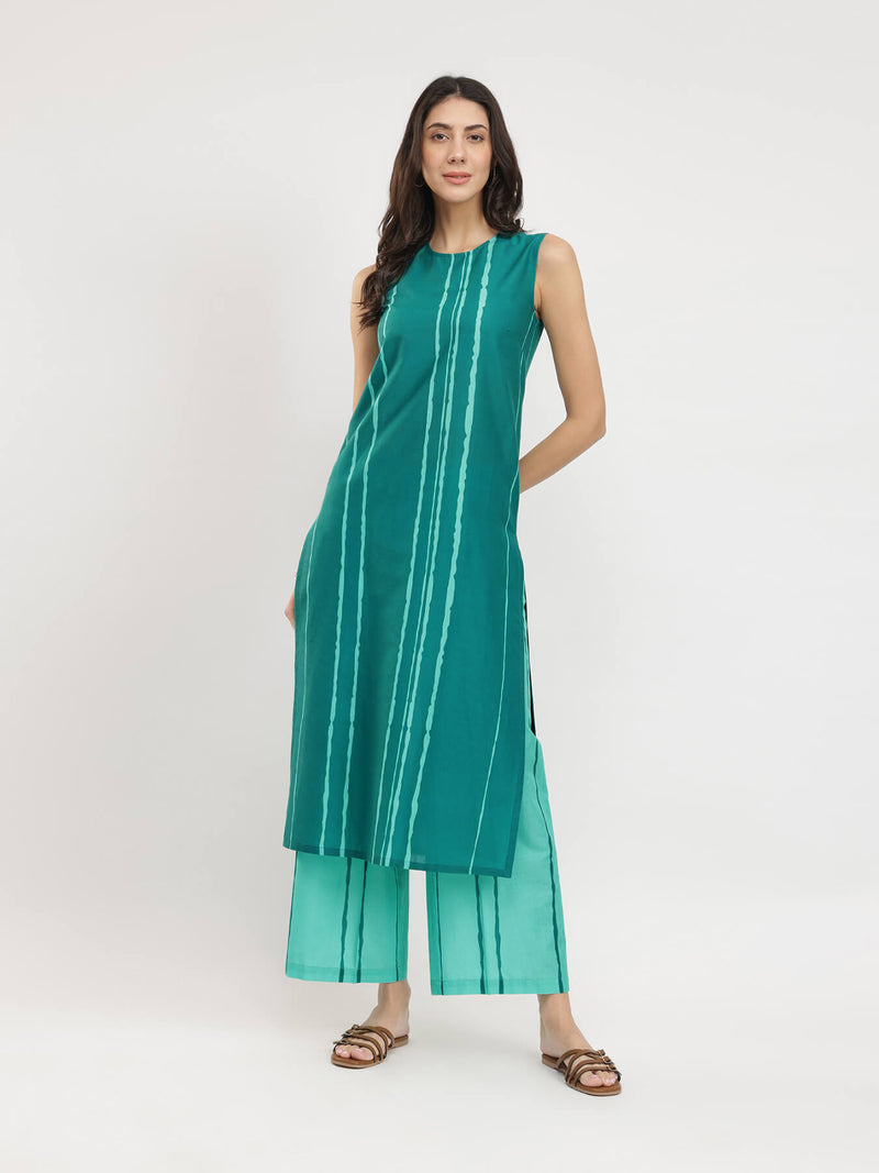 Cotton Striped Sleeveless Kurta Set - Green