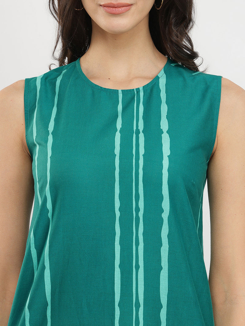 Cotton Striped Sleeveless Kurta Set - Green