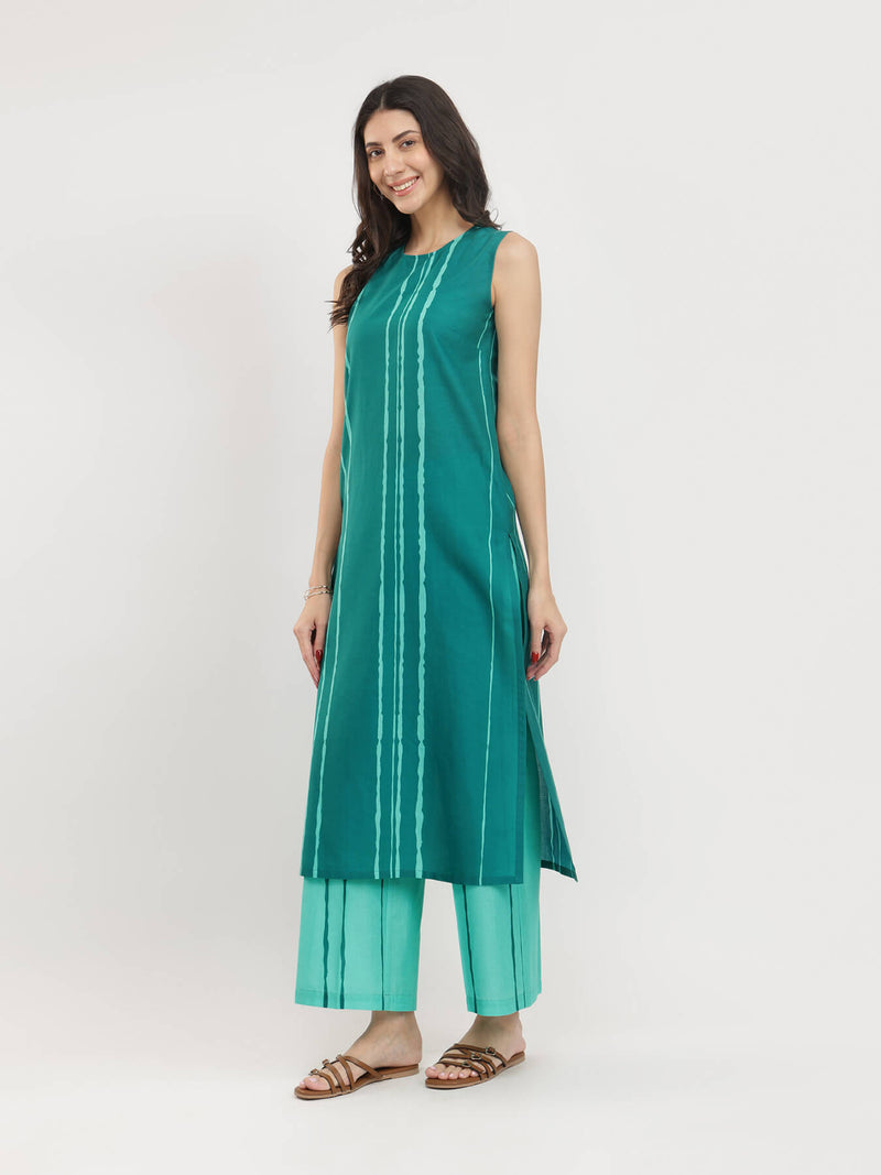 Cotton Striped Sleeveless Kurta Set - Green