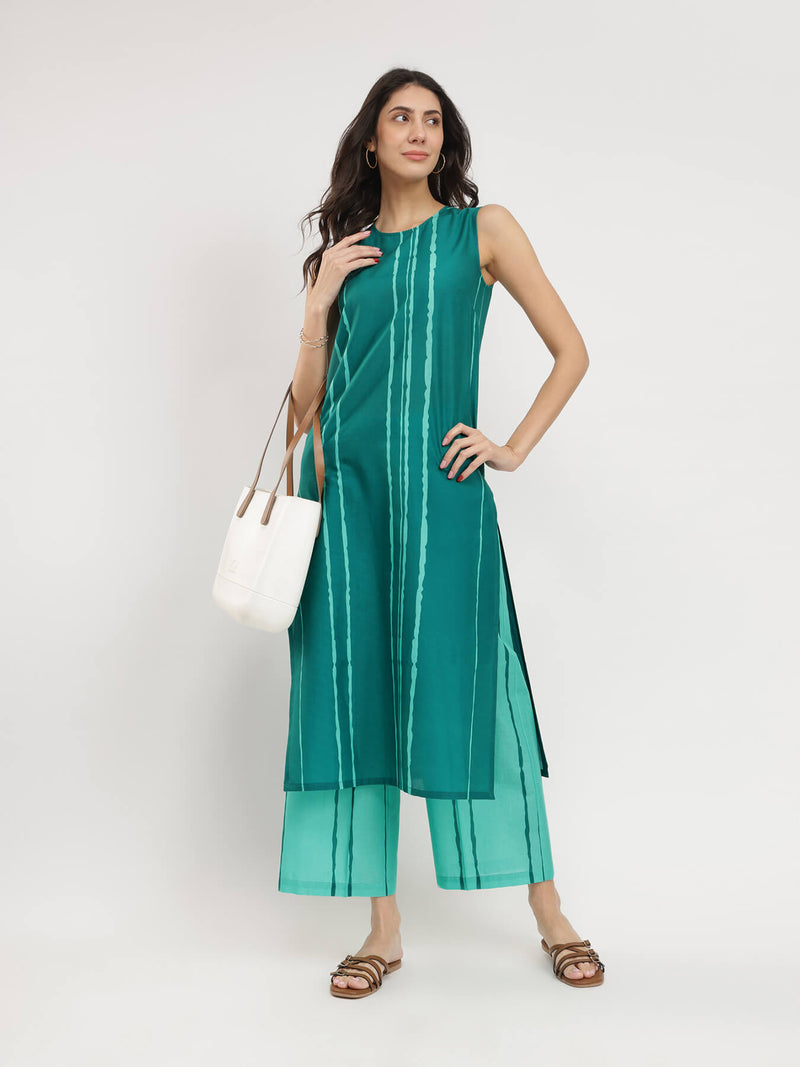 Cotton Striped Sleeveless Kurta Set - Green