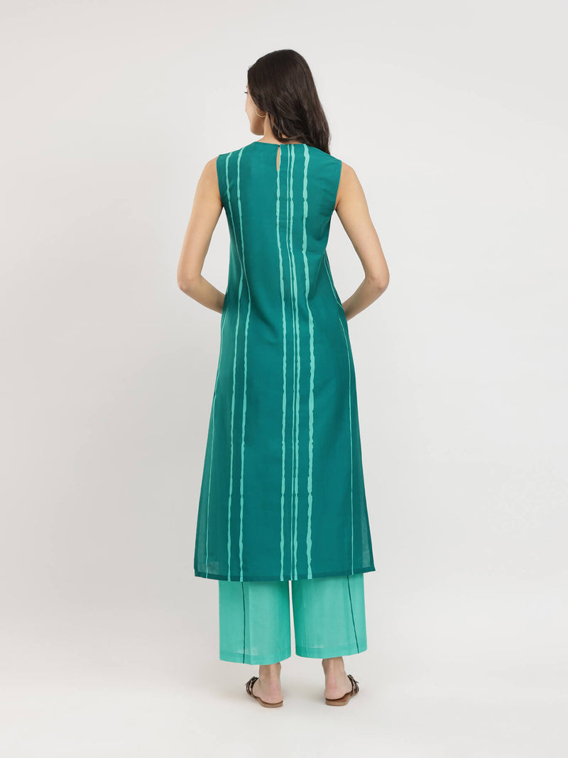Cotton Striped Sleeveless Kurta Set - Green