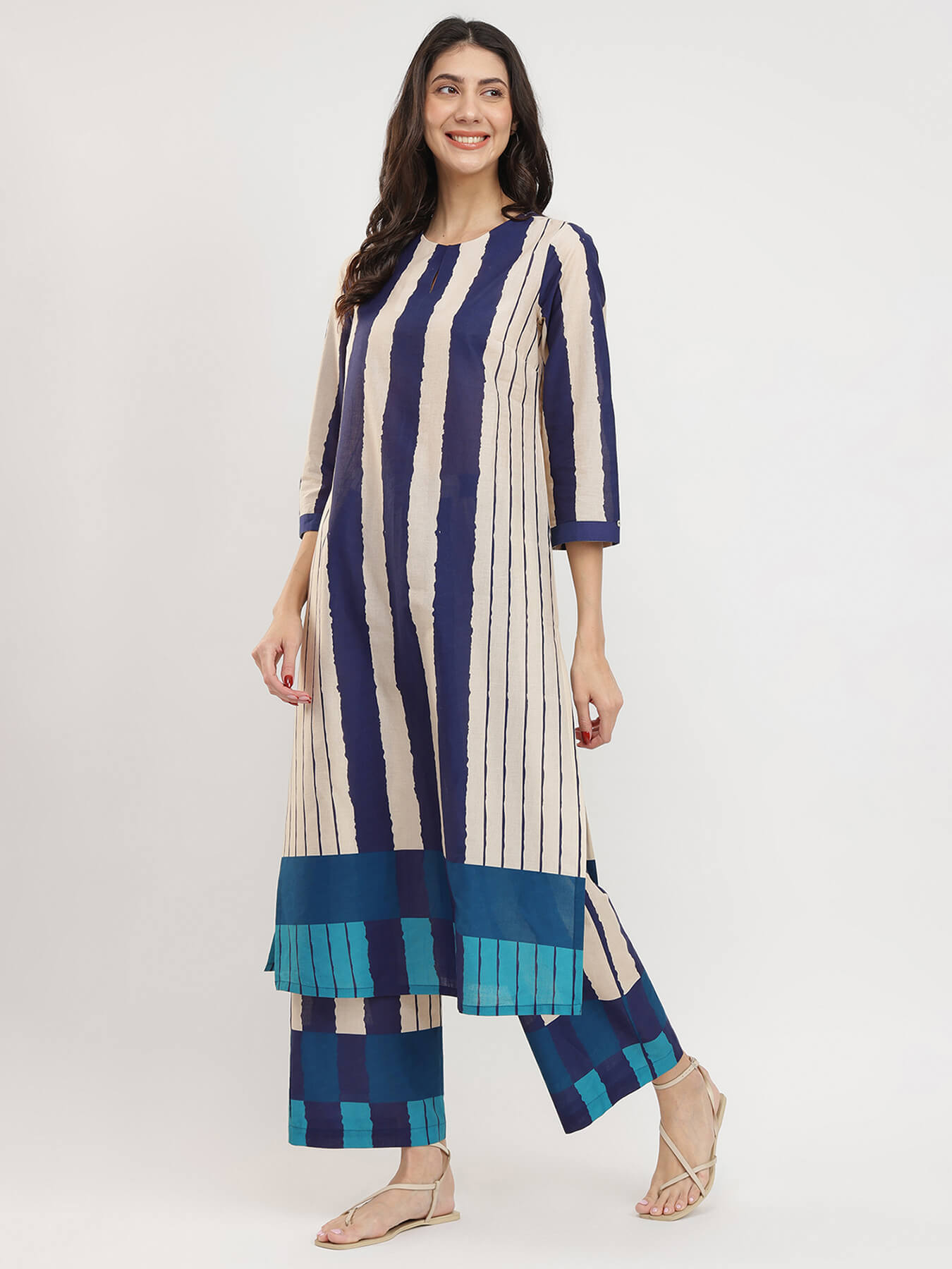 Cotton Striped A-Line Kurta Set - Blue & Cream