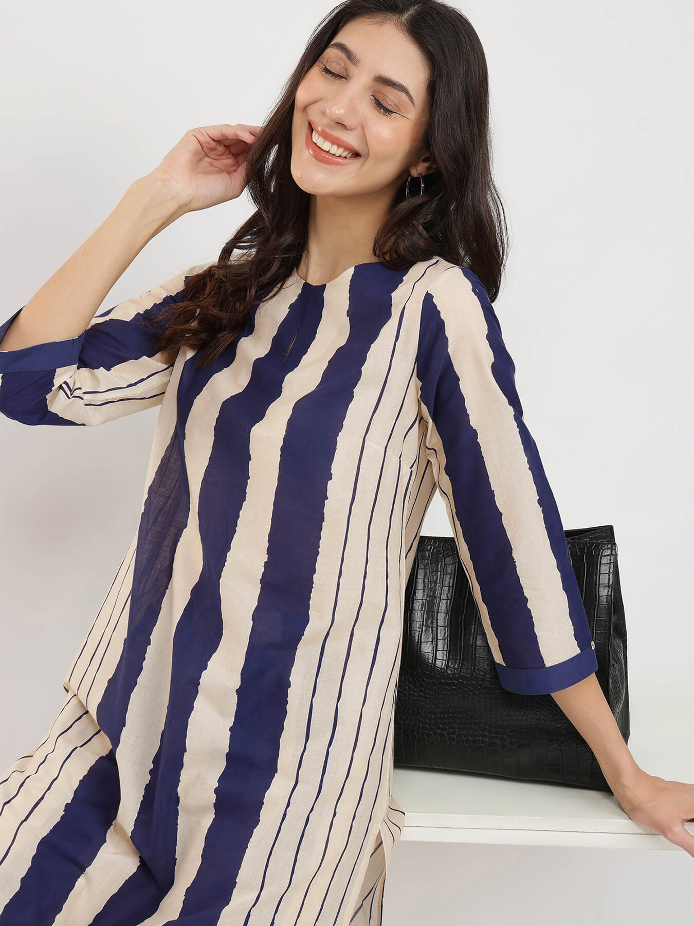 Cotton Striped A-Line Kurta Set - Blue & Cream