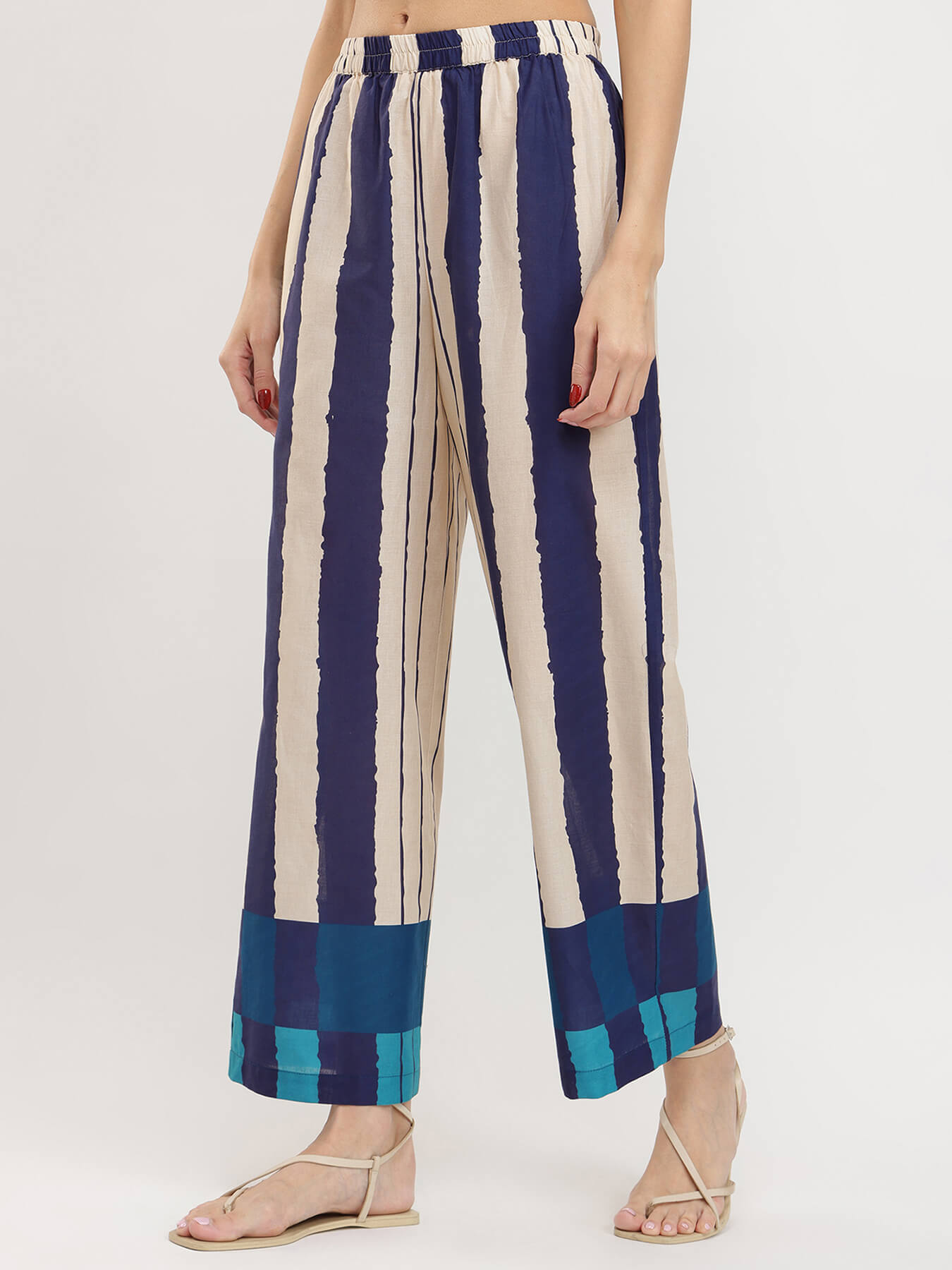 Cotton Striped A-Line Kurta Set - Blue & Cream